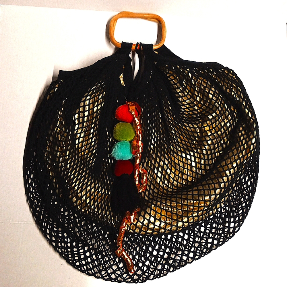 A&B Black Net Gold Lined Shopper Beach Tote
